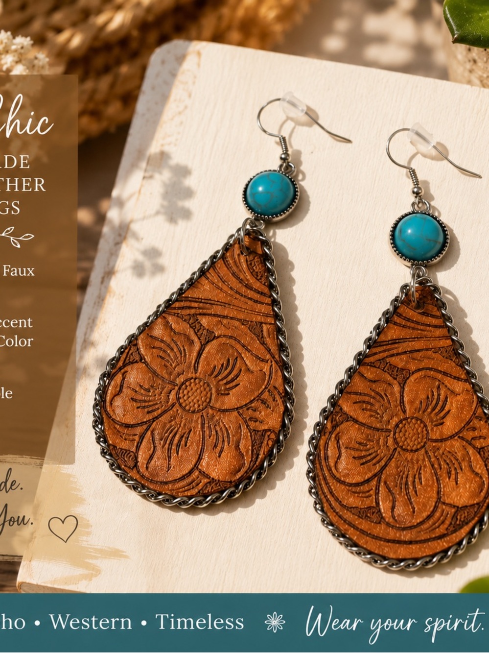 Turquoise and Brown Floral Teardrop Earrings - Women's Jewelry